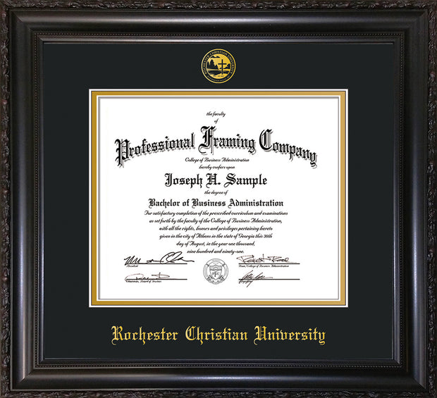 Image of Rochester Christian University Diploma Frame - Vintage Black Scoop - w/Embossed Rochester Christian Seal and Name - Black on Gold mat