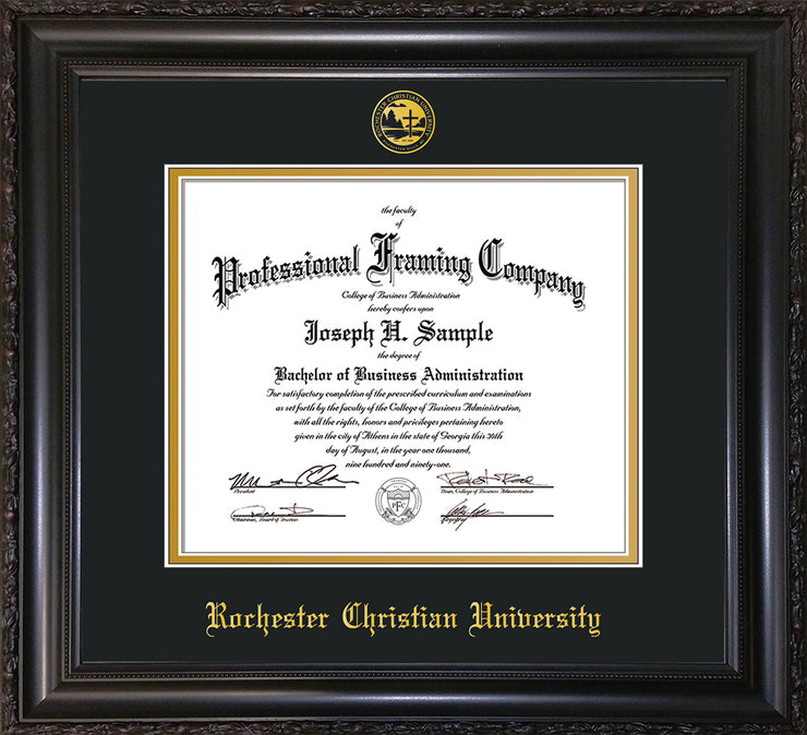 Image of Rochester Christian University Diploma Frame - Vintage Black Scoop - w/Embossed Rochester Christian Seal and Name - Black on Gold mat