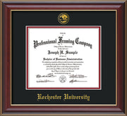 Image of Rochester University Diploma Frame - Cherry Lacquer - w/Embossed Rochester Seal and Name - Black on Crimson mat