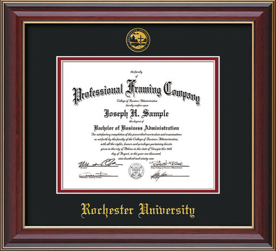 Image of Rochester University Diploma Frame - Cherry Lacquer - w/Embossed Rochester Seal and Name - Black on Crimson mat