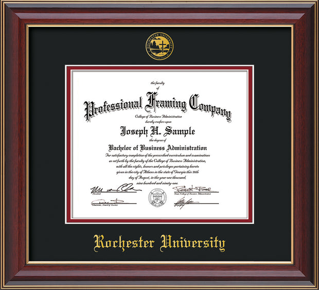 Image of Rochester University Diploma Frame - Cherry Lacquer - w/Embossed Rochester Seal and Name - Black on Crimson mat