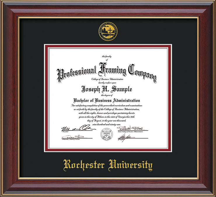 Image of Rochester University Diploma Frame - Cherry Lacquer - w/Embossed Rochester Seal and Name - Black on Crimson mat
