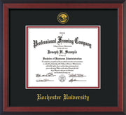 Image of Rochester University Diploma Frame - Cherry Reverse - w/Embossed Rochester Seal and Name - Black on Crimson mat