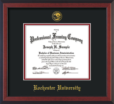 Image of Rochester University Diploma Frame - Cherry Reverse - w/Embossed Rochester Seal and Name - Black on Crimson mat