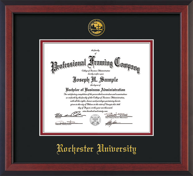 Image of Rochester University Diploma Frame - Cherry Reverse - w/Embossed Rochester Seal and Name - Black on Crimson mat