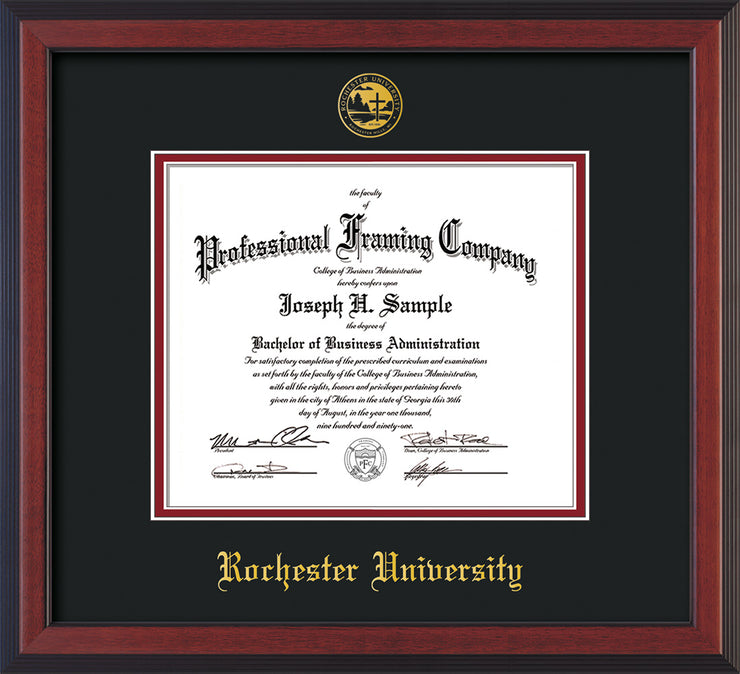 Image of Rochester University Diploma Frame - Cherry Reverse - w/Embossed Rochester Seal and Name - Black on Crimson mat