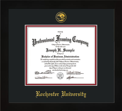 Image of Rochester University Diploma Frame - Flat Matte Black - w/Embossed Rochester Seal and Name - Black on Crimson mat