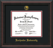 Image of Rochester University Diploma Frame - Mahogany Braid - w/Embossed Rochester Seal and Name - Black on Crimson mat