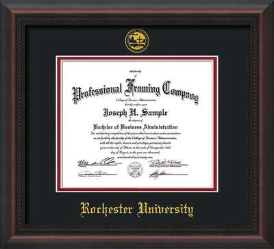 Image of Rochester University Diploma Frame - Mahogany Braid - w/Embossed Rochester Seal and Name - Black on Crimson mat