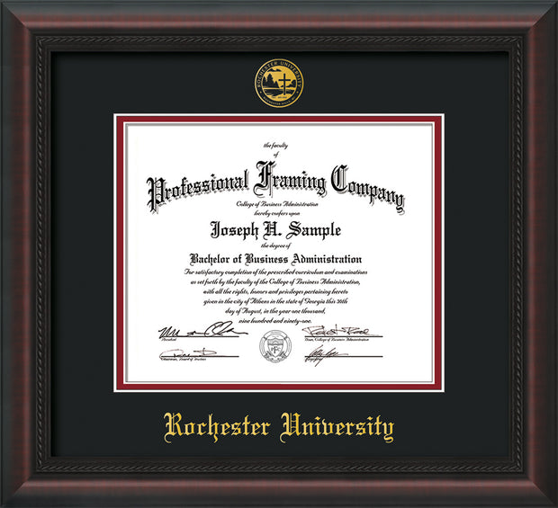 Image of Rochester University Diploma Frame - Mahogany Braid - w/Embossed Rochester Seal and Name - Black on Crimson mat