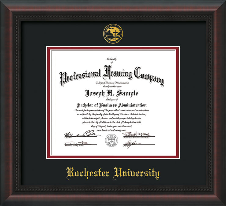 Image of Rochester University Diploma Frame - Mahogany Braid - w/Embossed Rochester Seal and Name - Black on Crimson mat