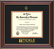 Image of University of Tennessee Tickle College of Engineering Diploma Frame - Cherry Lacquer - w/UT Embossed Seal & Tickle Wordmark - Black on Orange Mat
