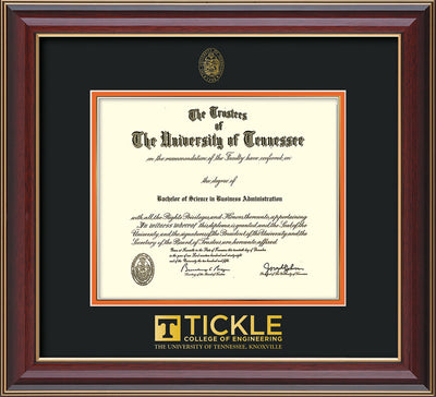 Image of University of Tennessee Tickle College of Engineering Diploma Frame - Cherry Lacquer - w/UT Embossed Seal & Tickle Wordmark - Black on Orange Mat