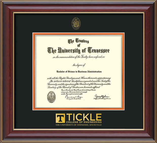 Image of University of Tennessee Tickle College of Engineering Diploma Frame - Cherry Lacquer - w/UT Embossed Seal & Tickle Wordmark - Black on Orange Mat