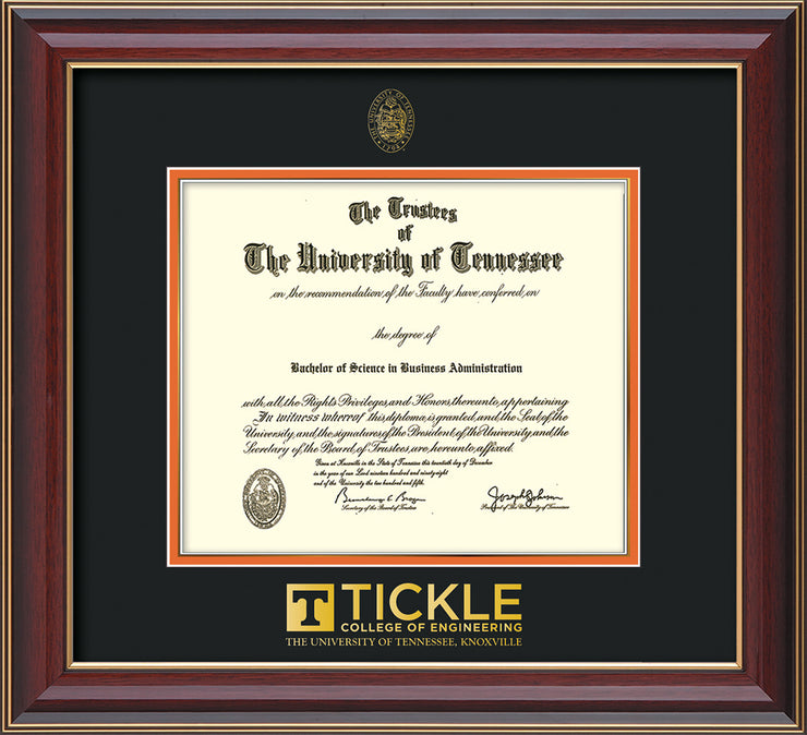 Image of University of Tennessee Tickle College of Engineering Diploma Frame - Cherry Lacquer - w/UT Embossed Seal & Tickle Wordmark - Black on Orange Mat
