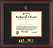 Image of University of Tennessee Tickle College of Engineering Diploma Frame - Cherry Reverse - w/UT Embossed Seal & Tickle Wordmark - Black on Orange Mat