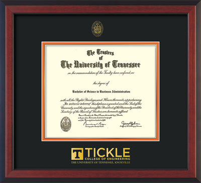 Image of University of Tennessee Tickle College of Engineering Diploma Frame - Cherry Reverse - w/UT Embossed Seal & Tickle Wordmark - Black on Orange Mat