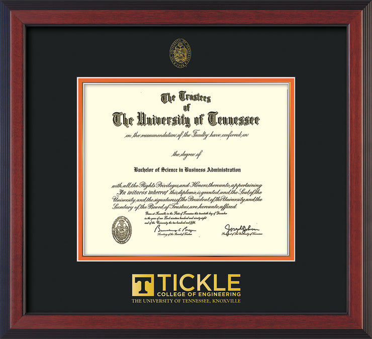 Image of University of Tennessee Tickle College of Engineering Diploma Frame - Cherry Reverse - w/UT Embossed Seal & Tickle Wordmark - Black on Orange Mat