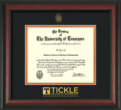 Image of University of Tennessee Tickle College of Engineering Diploma Frame - Rosewood - w/UT Embossed Seal & Tickle Wordmark - Black on Orange Mat