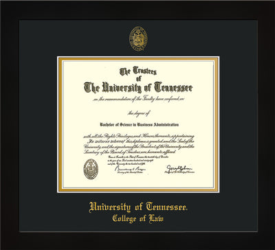 Image of University of Tennessee Diploma Frame - Flat Matte Black - w/Embossed Seal & College of Law Name - Black on Gold Mat