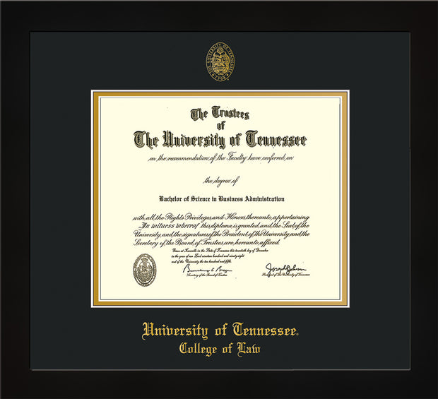 Image of University of Tennessee Diploma Frame - Flat Matte Black - w/Embossed Seal & College of Law Name - Black on Gold Mat