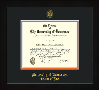 Image of University of Tennessee Diploma Frame - Flat Matte Black - w/Embossed Seal & College of Law Name - Black on Orange Mat