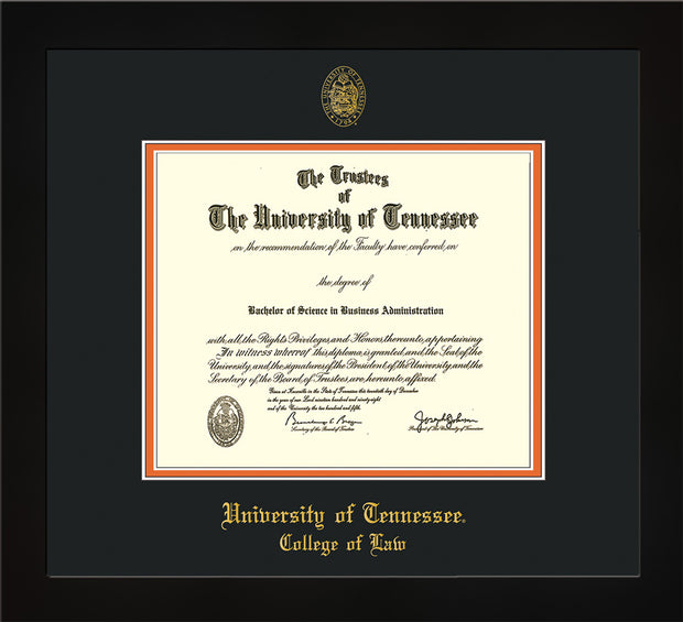 Image of University of Tennessee Diploma Frame - Flat Matte Black - w/Embossed Seal & College of Law Name - Black on Orange Mat