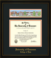Image of University of Tennessee Diploma Frame - Honors Black Satin - w/Embossed College of Law Name Only - Campus Collage - Black on Orange mat