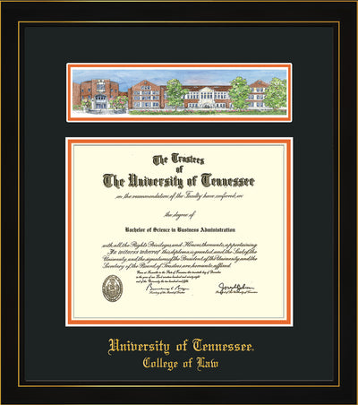 Image of University of Tennessee Diploma Frame - Honors Black Satin - w/Embossed College of Law Name Only - Campus Collage - Black on Orange mat