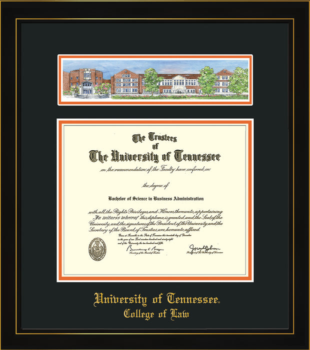 Image of University of Tennessee Diploma Frame - Honors Black Satin - w/Embossed College of Law Name Only - Campus Collage - Black on Orange mat