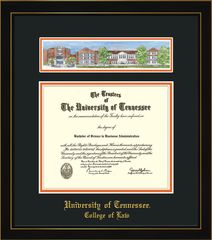 Image of University of Tennessee Diploma Frame - Honors Black Satin - w/Embossed College of Law Name Only - Campus Collage - Black on Orange mat