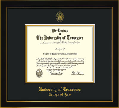 Image of University of Tennessee Diploma Frame - Honors Black Satin - w/Embossed Seal & College of Law Name - Black on Gold Mat