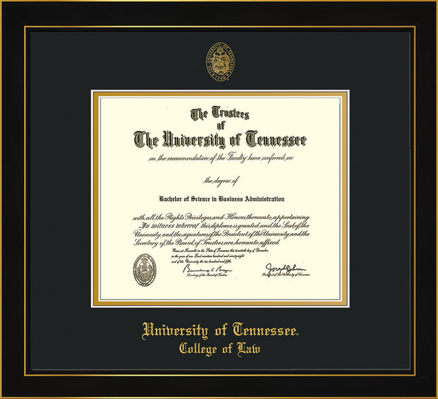 Image of University of Tennessee Diploma Frame - Honors Black Satin - w/Embossed Seal & College of Law Name - Black on Gold Mat