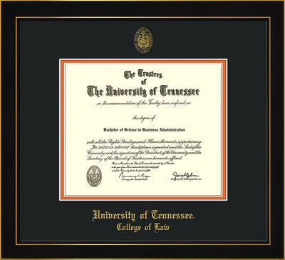 Image of University of Tennessee Diploma Frame - Honors Black Satin - w/Embossed Seal & College of Law Name - Black on Orange Mat