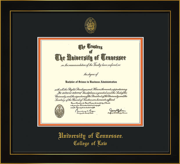 Image of University of Tennessee Diploma Frame - Honors Black Satin - w/Embossed Seal & College of Law Name - Black on Orange Mat