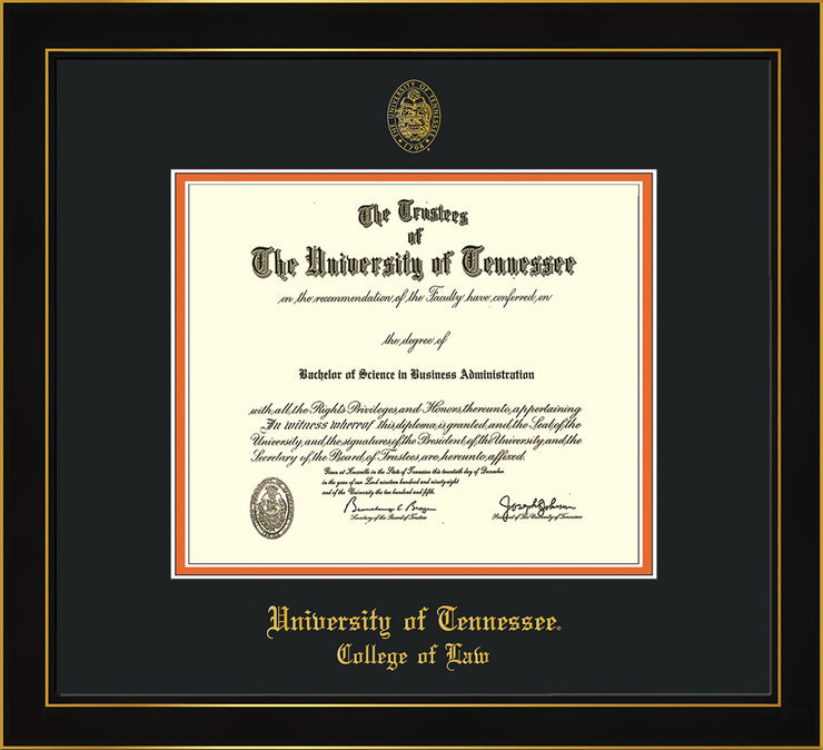 Image of University of Tennessee Diploma Frame - Honors Black Satin - w/Embossed Seal & College of Law Name - Black on Orange Mat