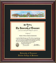 Image of University of Tennessee Haslam College of Business Diploma Frame - Cherry Lacquer - w/Embossed UTHAS School Name Only - Campus Collage - Black on Orange mat