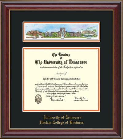 Image of University of Tennessee Haslam College of Business Diploma Frame - Cherry Lacquer - w/Embossed UTHAS School Name Only - Campus Collage - Black on Orange mat
