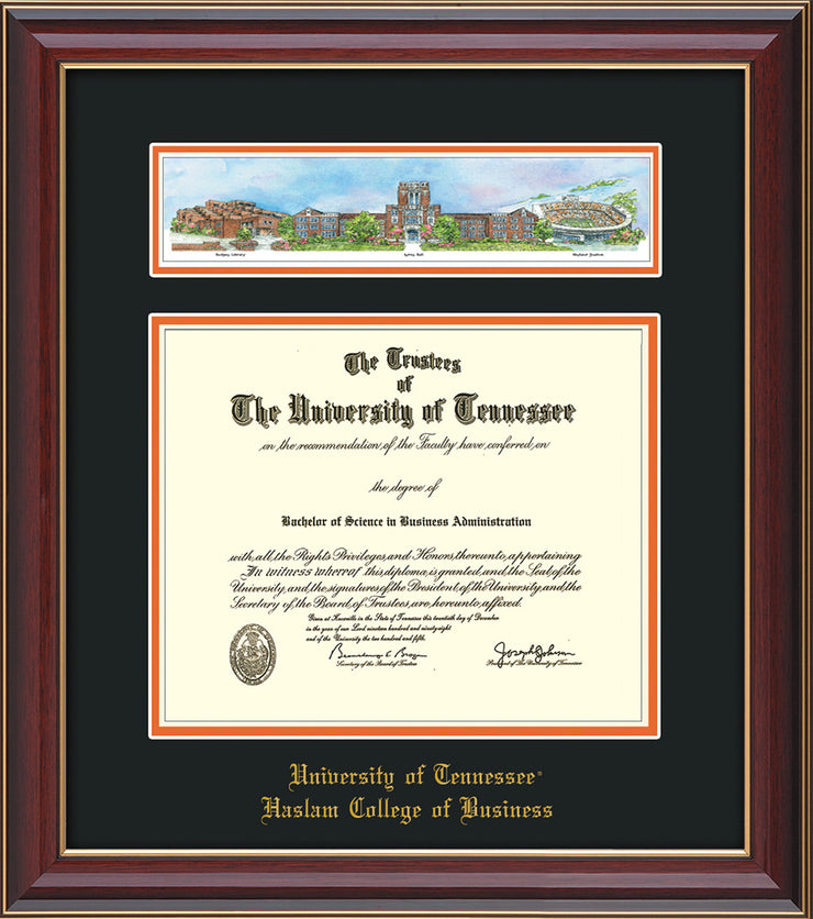 Image of University of Tennessee Haslam College of Business Diploma Frame - Cherry Lacquer - w/Embossed UTHAS School Name Only - Campus Collage - Black on Orange mat