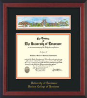 Image of University of Tennessee Haslam College of Business Diploma Frame - Cherry Reverse - w/Embossed UTHAS School Name Only - Campus Collage - Black on Orange mat