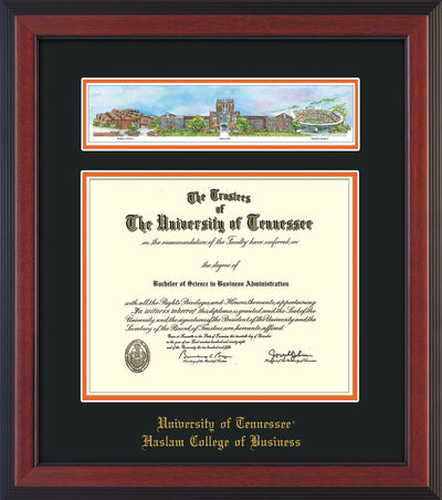 Image of University of Tennessee Haslam College of Business Diploma Frame - Cherry Reverse - w/Embossed UTHAS School Name Only - Campus Collage - Black on Orange mat