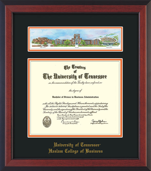 Image of University of Tennessee Haslam College of Business Diploma Frame - Cherry Reverse - w/Embossed UTHAS School Name Only - Campus Collage - Black on Orange mat