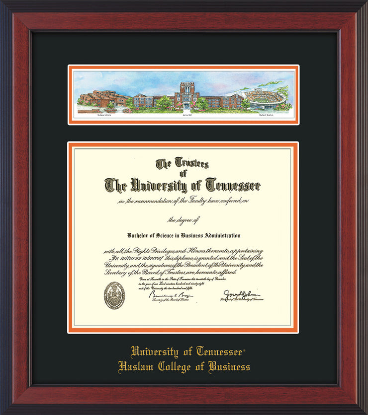 Image of University of Tennessee Haslam College of Business Diploma Frame - Cherry Reverse - w/Embossed UTHAS School Name Only - Campus Collage - Black on Orange mat