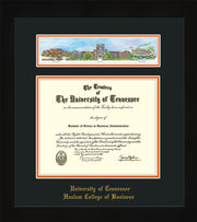 Image of University of Tennessee Haslam College of Business Diploma Frame - Flat Matte Black - w/Embossed UTHAS School Name Only - Campus Collage - Black on Orange mat