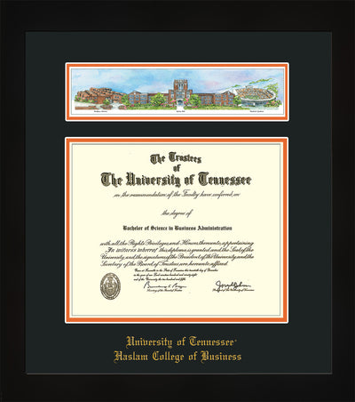 Image of University of Tennessee Haslam College of Business Diploma Frame - Flat Matte Black - w/Embossed UTHAS School Name Only - Campus Collage - Black on Orange mat