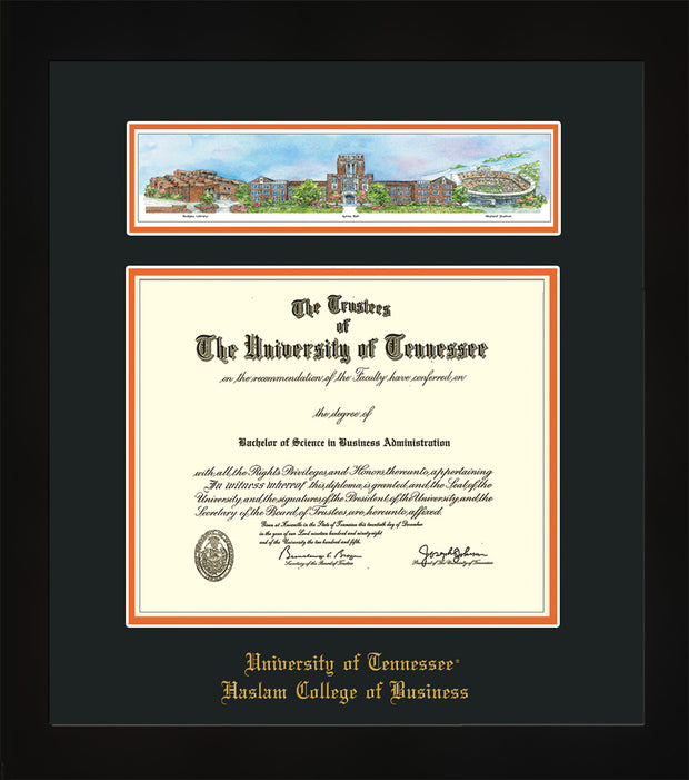 Image of University of Tennessee Haslam College of Business Diploma Frame - Flat Matte Black - w/Embossed UTHAS School Name Only - Campus Collage - Black on Orange mat