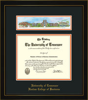 Image of University of Tennessee Haslam College of Business Diploma Frame - Rosewood with Gold Lip - w/Embossed UTHAS School Name Only - Campus Collage - Black on Orange mat