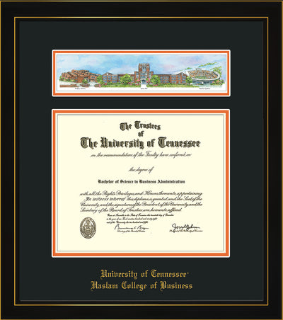 Image of University of Tennessee Haslam College of Business Diploma Frame - Rosewood with Gold Lip - w/Embossed UTHAS School Name Only - Campus Collage - Black on Orange mat