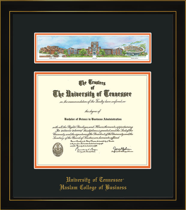 Image of University of Tennessee Haslam College of Business Diploma Frame - Rosewood with Gold Lip - w/Embossed UTHAS School Name Only - Campus Collage - Black on Orange mat