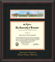 Image of University of Tennessee Haslam College of Business Diploma Frame - Mahogany Braid - w/Embossed UTHAS School Name Only - Campus Collage - Black on Orange mat